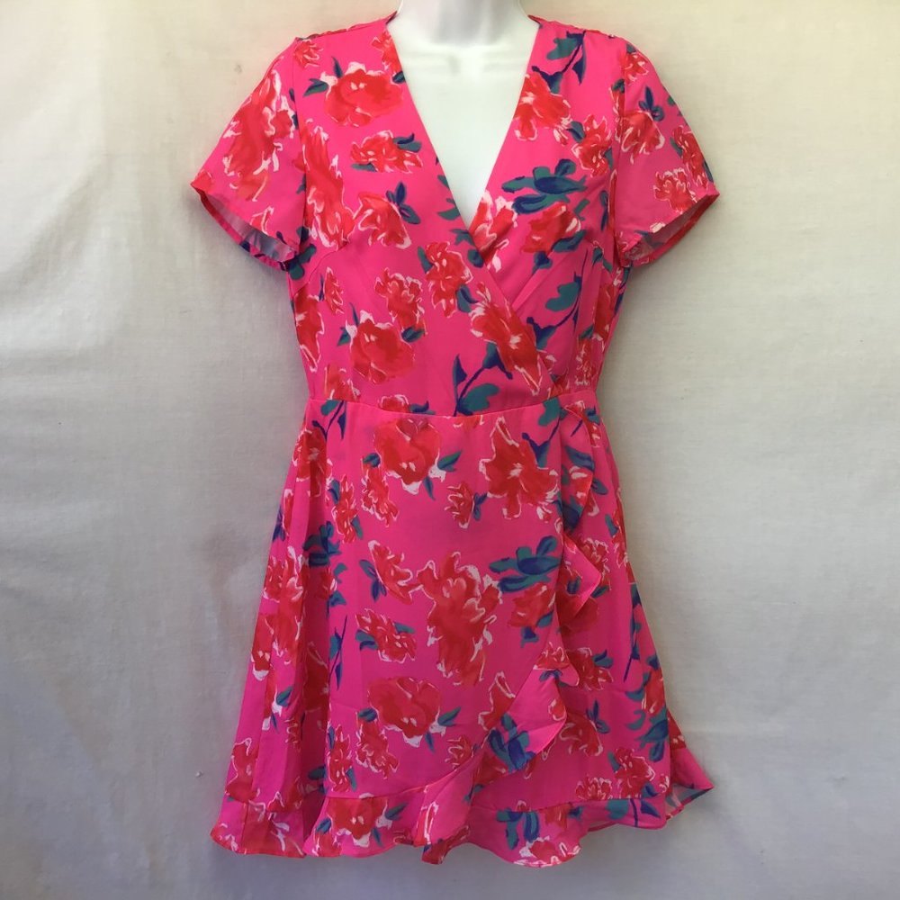 Pink Lily Hot Pink Flower Print Ruffled Dress Med